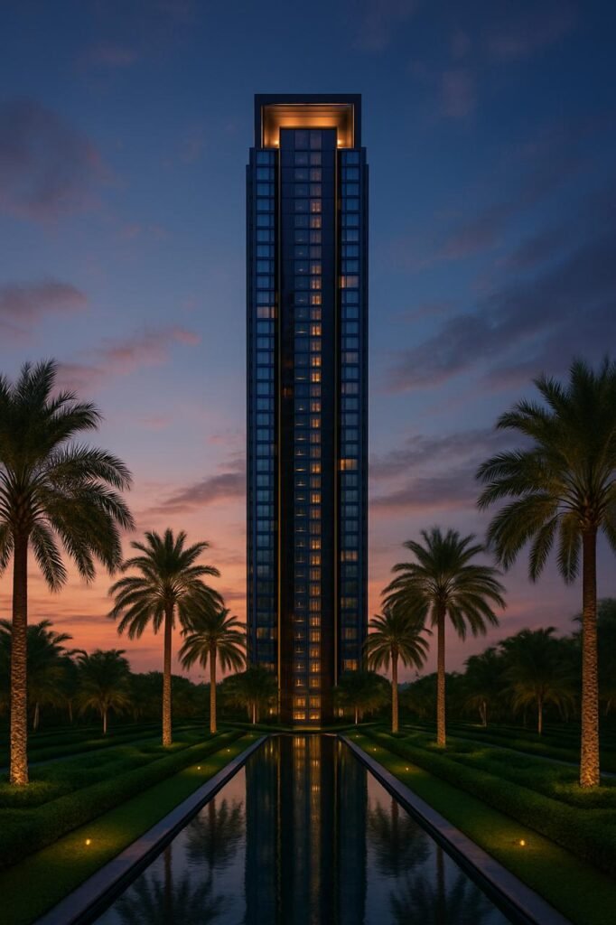 A tall modern skyscraper lit up at twilight or early evening.