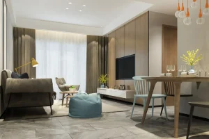 Modern living and dining area with elegant interior design.