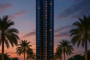 A tall modern skyscraper lit up at twilight or early evening.